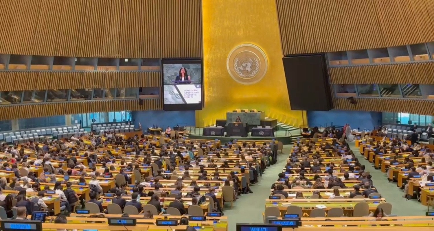 Suhani Gupta addressing the United Nations General Assembly