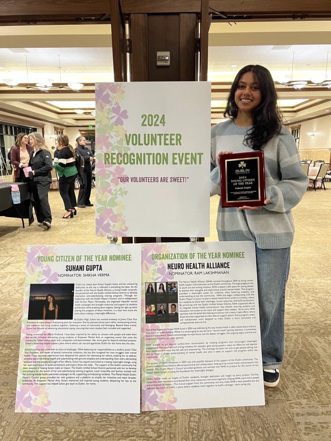 Suhani Gupta with the 2024 Young Citizen of the Year award and NHA's nomination boards